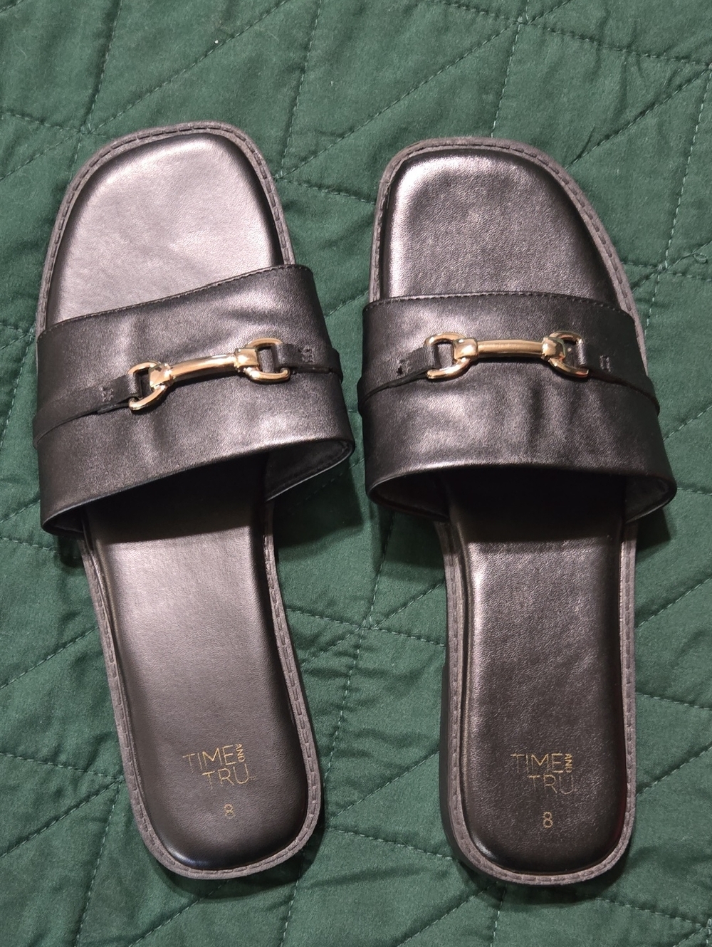 Time and Tru Black Slide Sandals with Gold Bit Accent